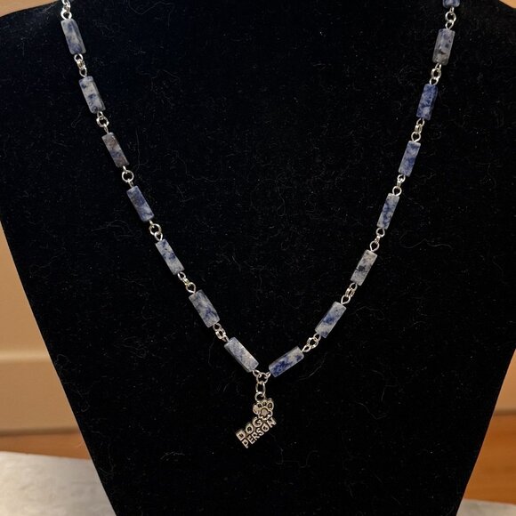 Genuine Blue White Sodalite Matinee Necklace, Gemstone & Dog Person Paw Print - Picture 3 of 14